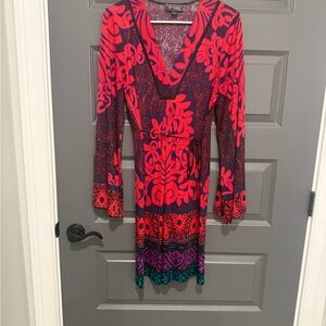Hale Bob Red and Purple Long Sleeve Paisley Dress